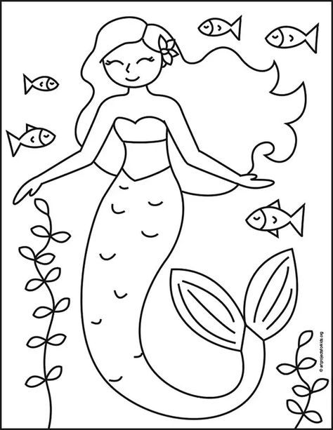 Easy How to Draw a Mermaid Tutorial and Mermaid Coloring Page Drawing Of Mermaid Easy, Mermaid Drawing Simple, Mermaid Swimming Drawing, How To Draw Mermaids, Mermaid Easy Drawing, How To Draw A Mermaid, Simple Mermaid Drawing, Mermaid Line Drawing, Drawing A Mermaid