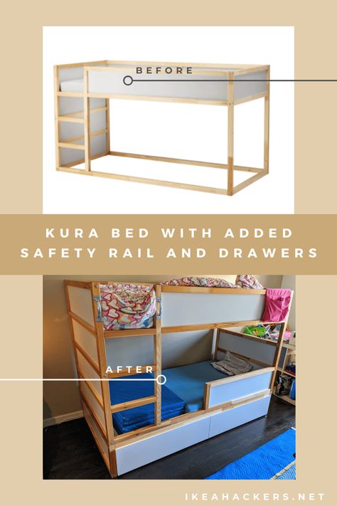 Ikea Kura Bunk Bed With Drawers, Kura Bed As Bunk Bed, Kura Bed Safety Rail, Bunk Bed Rails Diy, Kura Bed Rail, Ikea Kura Bed Lifted, Kura Reversible Bed Ideas, Ikea Triple Bunk Bed Hack, Ikea Kira Bed