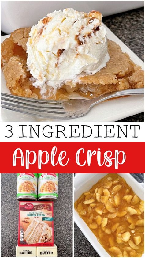 Looking for a simple and delicious dessert? Look no further than this easy apple crisp recipe! With just three ingredients - apple pie filling, melted butter, and a cake mix - you can whip up a cozy and comforting treat in no time. Three Ingredient Apple Cobbler, Apple Crisp With White Cake Mix Easy, Apple Crisp From Canned Pie Filling, Apple Crisp With Apple Pie Filling, Pie Filling Apple Crisp, Apple Crisp With Cake Mix Easy, Apple Cobbler With Cake Mix Easy, Apple Crisp Dump Cake, Cake Mix Apple Crisp