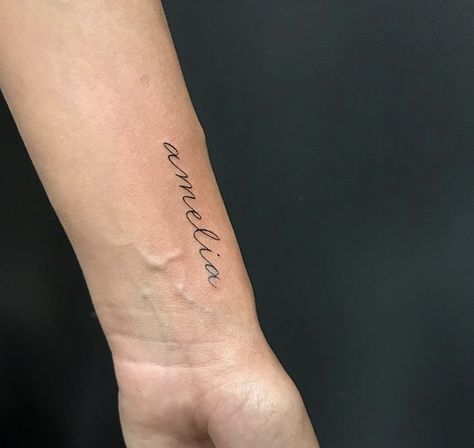 #Amelia #name #tattoo Name Tattoo Feminine, Cute Last Name Tattoos, Placements For Name Tattoos, Amelia Name Tattoo Ideas, Back Of Arm Name Tattoo, Name Tattoo Danty, Where To Get A Name Tattoo, Amelia Tattoo Name Fonts, Kamila Name Tattoo