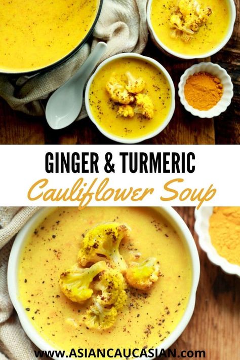 Turmeric Cauliflower Soup, Cauliflower Ginger Soup, Vegan Cauliflower Soup Recipes, Paleo Soup Recipes Crockpot, Ginger Turmeric Soup, Turmeric Soups, Best Healthy Soup Recipes, Antiinflammatory Soup, Cauliflower Soup Vegan