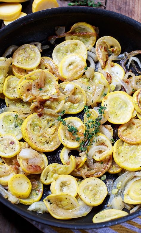 Summer Squash and Onions sauteed in bacon grease. Squash And Onions, Sauteed Squash, Spicy Southern Kitchen, Easy Summer Side Dishes, Summer Squash Recipes, Yellow Squash Recipes, Southern Kitchen, Bacon Grease, Yellow Squash