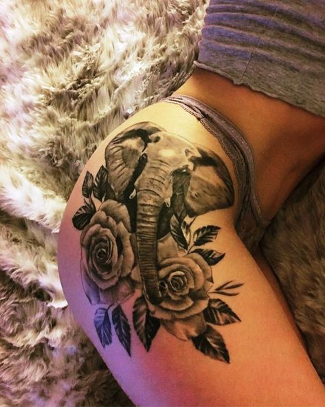 Leg Tattoo Cover Up Ideas For Women, Elephant Tattoo Design For Women, Elephant Thigh Tattoo, Cute Elephant Tattoo, Elephant Tattoo Design, Roses Tattoo, Hip Tattoos Women, Thigh Tattoos, Elephant Tattoo