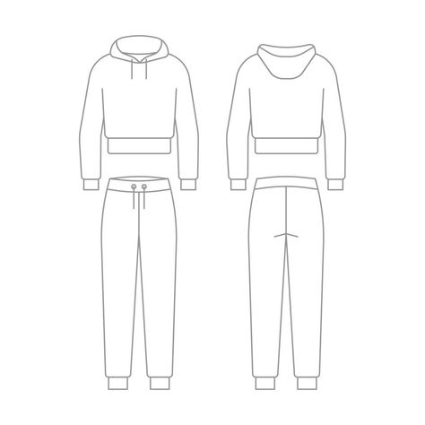 Tracksuit from pants joggers and sweatshirt with hood outline template. Unisex sportswear. Regular sport sweater and sport trousers for man and woman. Technical mockup in front and back view. Vector Tracksuit Mockup Free, Joggers Sketch, Tracksuit Drawing, Joggers Mockup, Tracksuit Template, Tracksuit Mockup, Suit Template, Tracksuit Design, Unisex Sportswear