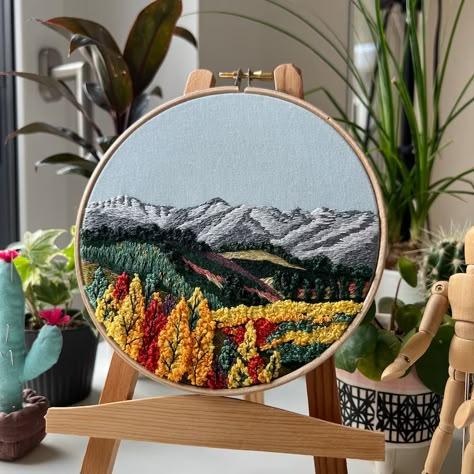 Mountain Range and Autumn Forest Embroidery Pattern. Hand - Etsy Embroidery Patterns Landscape, Embroidery Patterns Mountains, Scenic Embroidery, Embroidered Mountains, Grass Embroidery, Mountains Embroidery, Earth Embroidery, Embroidery Forest, Forest Embroidery