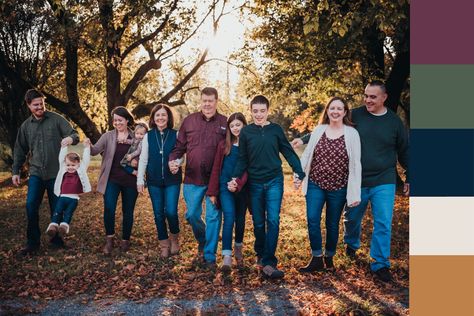 Family Photo Outfits Navy And Burgundy, Fall Family Photos Blue And Green, Color Palettes For Fall Family Pictures, Large Group Photo Color Scheme, Plum Navy Cream Family Photos, Fall Extended Family Pictures Outfits Color Schemes, Call Family Picture Color Scheme, Plum Color Family Photos, Fall Photo Shoot Color Palette