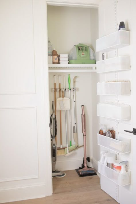 Walk In Cleaning Closet, Laundry Room Organization Minimalist, Vaccuum Cabinet, Clean Organized House Aesthetic, Purse Hangers For Closet, Organized Cleaning Closet, Cleaning Bottles Organization, Small Hall Closet Organization Ideas, Home Storage Organization