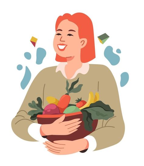 Woman eating healthy food, balanced dieting vector Eat Healthy Illustration, Healthy Eating Illustration, Eat Healthy Food Illustration, Healthy Eating Aesthetic Vision Board, Eating Food Drawing, Healthy Food Drawing, Healthy Food Illustration, Eating Illustration, Diet Illustration