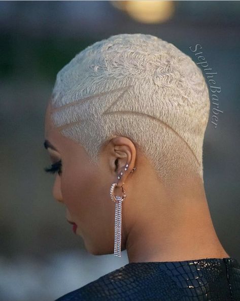 Black Woman Platinum Blonde Hair Short, Icy Blonde Short Hair Black Women, Short Hair Styles Design, Platinum Fade Haircut Black Women, Short Hair With Designs, Low Blonde Haircut Black Women, Low Cut Hair Black Women Designs, White Haircuts For Women, Fade Designs Women