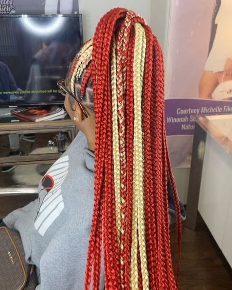 Red And Blonde Knotless Braids, Relax Hair, Colorful Braids, Brown Box Braids, Red Box Braids, Goals 2023, Braiding Hairstyles, Night Hair, Cornrow Hairstyles For Men