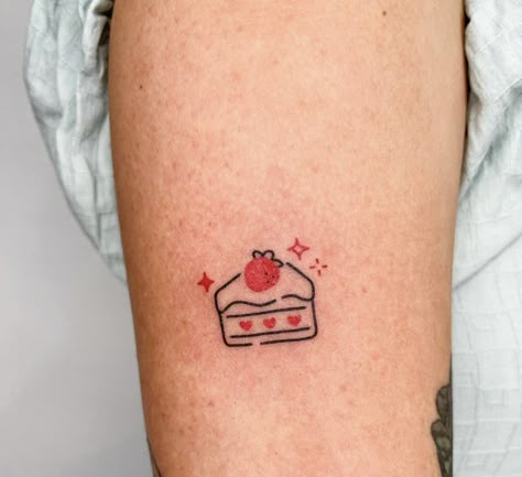 Cute Baking Tattoos, Red Ink Strawberry Tattoo, Chocolate Covered Strawberry Tattoo, Small Cake Tattoo, Strawberry Candy Tattoo, Strawberry Jam Tattoo, Strawberry Cake Tattoo, Vintage Cake Tattoo, Sundae Tattoo