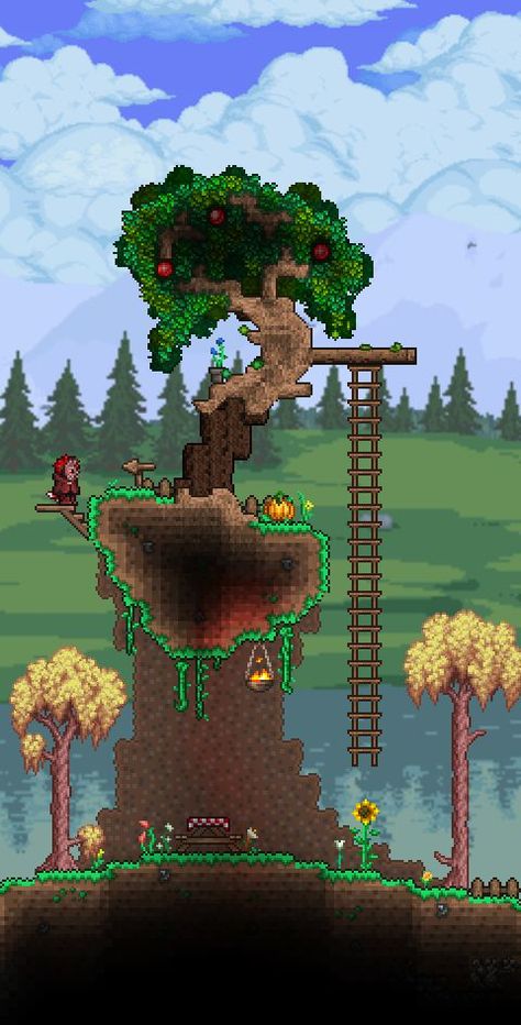 Made a climb-ladder ( I don't know if that is the correct name for it) hanging from a tree! To do that I used the Teleporter bug, dinastia work benches and some paint ;) Terraria Tree House, Terraria Houses, Terraria House Ideas, Terraria House Design, Terraria House, Terraria Builds, Work Benches, Floating Island, Pocket Game