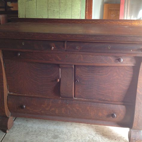 Antique Sideboard Makeover Empire Buffet Makeover, Refinish Sideboard, Antique Sideboard Makeover, Antique Buffet Makeover, Antique Oak Sideboard, Sideboard Makeover, Antique Hoosier Cabinet, Sideboard With Mirror, Buffet Makeover