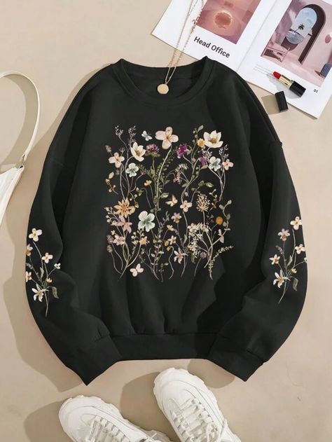 Floral Print Kangaroo Pocket Drawstring Thermal Hoodie | SHEIN USA Long Sleeve Tshirts, Flannel Sweatshirt, Thermal Hoodie, Blue Black Color, Embroidery Hoodie, Women Sweatshirts, Fabric Floral, Modest Fashion Outfits, Embroidered Hoodie