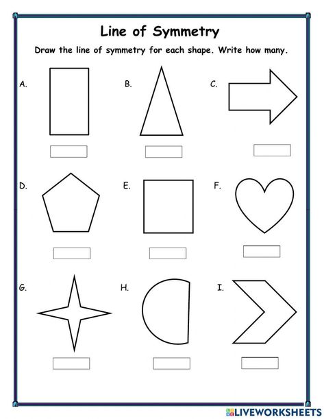 A line is symmetrical if it can be folded in half so that the two halves are exactly alike. This is called line symmetry or reflection symmetry.

Here are some examples of symmetrical objects:

 A square
 A circle
 A parallelogram
 A regular Symmetry Math, Line Of Symmetry, Lines Of Symmetry, Symmetry Worksheets, Super Teacher, 1st Grade Math Worksheets, Olivia Rose, 2d Shapes, 1st Grade Worksheets