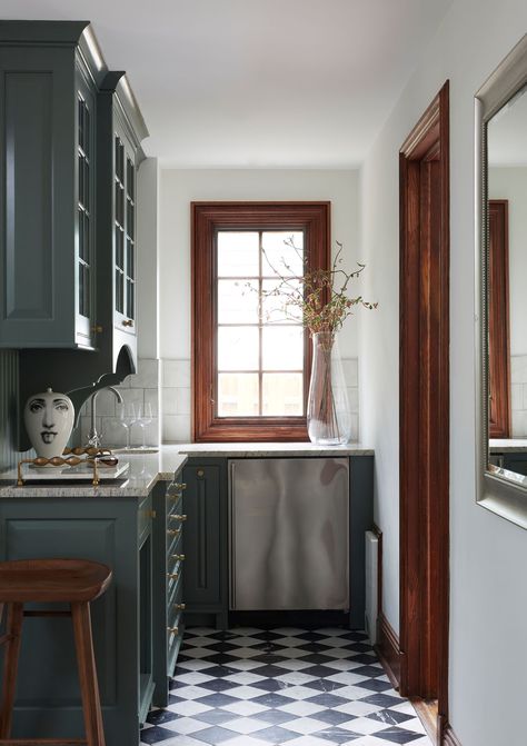 Bar Nook Ideas, Contemporary Tudor, Checkered Floor Kitchen, Dark Green Cabinets, Dark Lower Cabinets, 1920s Tudor, Breakfast Nook Banquette, Eclectic Mid Century Modern, Green Countertops