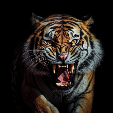 "In a fierce display of power and raw instinct, the tiger strikes a commanding pose, embodying untamed strength and primal elegance." Attacking Pose, Tiger Fierce, Snarling Tiger, Tiger Power Animal, Tiger Attacking, Tiger Attack, Virgin Mary Tattoo, Tiger Photography, Fierce Tiger