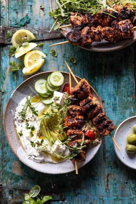 Bringing you all some springtime vibes with these Greek Lemon Chicken Bowls with Sizzled Mint Goddess Sauce. Grilled Greek chicken, served bowl style with orzo, roasted peppers, avocado, feta cheese, cucumbers, and the best sizzled mint goddess sauce. Quick, easy, extra colorful, super flavorful, and so delicious! Monday Meals, Mediterranean Dinner, Half Baked Harvest Recipes, Chicken Bowls, Meat And Vegetables, Greek Lemon Chicken, Harvest Recipes, Chicken Bowl, Summer Eating