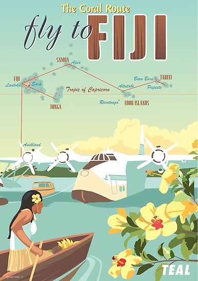 A fine original design by Aviation artist Rosie Louise of a Solent IV flying boat. 2013. This was one of the aircraft operated from New Zealand to the south Sea islands and the romantic ‘Coral Route’ • Millions of unique designs by independent artists. Find your thing. Vintage Beach Posters, Fly To Fiji, Fiji Beach, Fiji Travel, Vintage Airline Posters, Aviation Posters, Air New Zealand, Flying Boat, Vintage Airlines