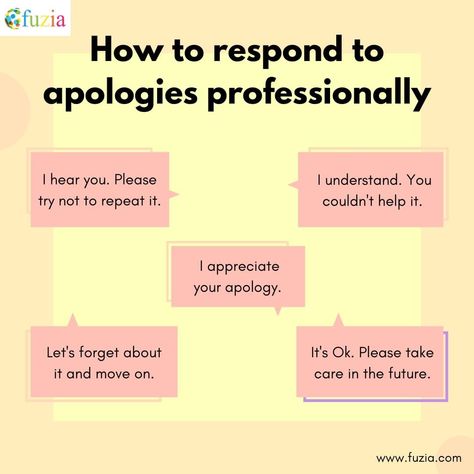 Responding to apologies can be challenging and uncomfortable at times, especially when it has to be at a professional level. So, how do you answer an apology from a colleague or an employee without sounding rude? Here are some ways to help you! To learn some more tips on office etiquettes, click here: https://bit.ly/3b4DLE4 #respondingtoapologies #professionalettiquette #corporateettiquette #apologies #informationalpost #corporatemanners #professionalmanners #officeettiquette #corporatetips #p How To Sound More Intelligent, How To Politely Tell Someone To Shut Up, How To Reply To An Apology, How To Respond To An Apology Text, How To Respond To An Apology, How To Sincerely Apologize, Apology Response, How To Respond To How Are You, Responses To How Are You