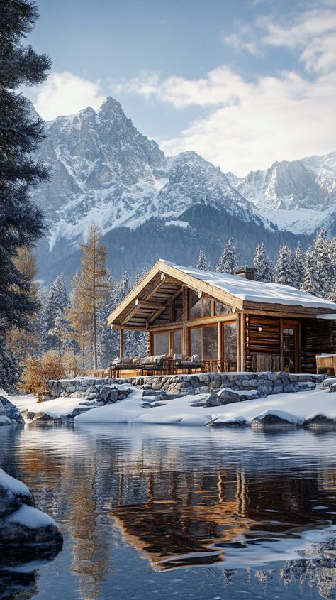 Rustic mountain cabin with expansive windows overlooking the peaks Pacific Northwest Cabin, Winter Cabin Aesthetic, Christmas Mountains, Rustic Mountain Cabin, Winter Cabins, Alaska House, Cabin Vibes, Log Houses, Cabin Aesthetic