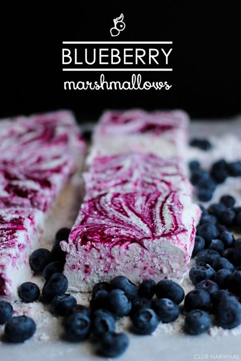 Blueberry season is my favorite part of summer. As a child, we used to spend a few weeks in Traverse City picking fresh berries to our hearts' content. Of course, I don't actually remember any of thos Blueberry Marshmallows, Marshmallow Recipes, Fluffy Marshmallows, Cooking Sweets, Homemade Marshmallow Recipe, Blueberry Syrup, Marshmallow Treats, Recipes With Marshmallows, Baking Cakes