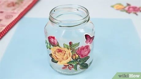 How to Decoupage Jars: 14 Steps (with Pictures) - wikiHow Decoupage Jars Diy Paper Napkins, Decoupage Glass Jars Paper Napkins, Decopatch Ideas, Diy Decoupage Furniture, Styrofoam Ball Crafts, Decoupage On Glass, Decoupage Paper Printable, Diy Decoupage, Crafts With Glass Jars