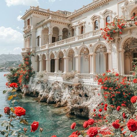 Palace Staircase Aesthetic, Summer Palace Aesthetic, Roses In Sea, Small Castle Aesthetic, Seaside Castle Aesthetic, Castle By The Sea Aesthetic, Castle House Aesthetic, Palace Exterior Design, Ocean Mansion