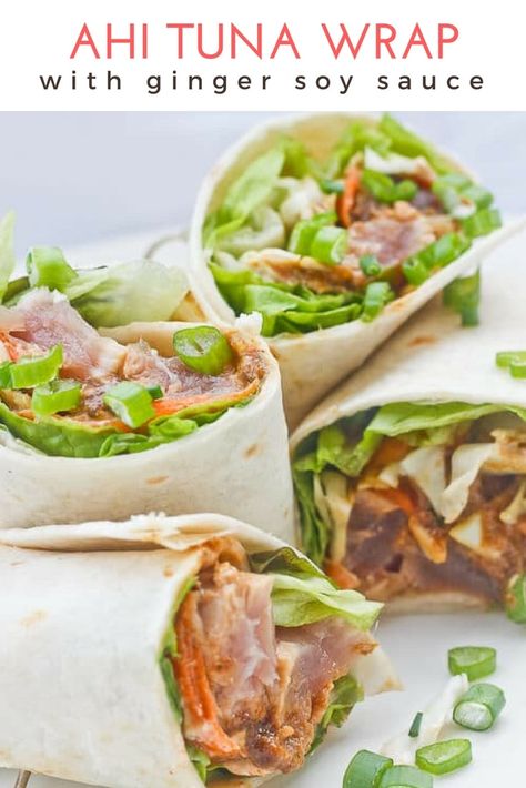 (ad) Seafood Recipe Idea: These Thai inspired, healthy, and easy Ahi Tuna Wraps are made with ahi tuna, filled with crunchy veggies, wasabi, and drizzled with a ginger soy sauce and a spicy yogurt. #ahituna #seafoodrecipe #wrap Tuna Wrap Recipe, Tuna Wraps Recipes, Tuna Wraps, Marinated Tuna Steak, September Meals, Tuna Wrap, Wraps Recipes Healthy, 2024 Meals, Crunchy Veggies