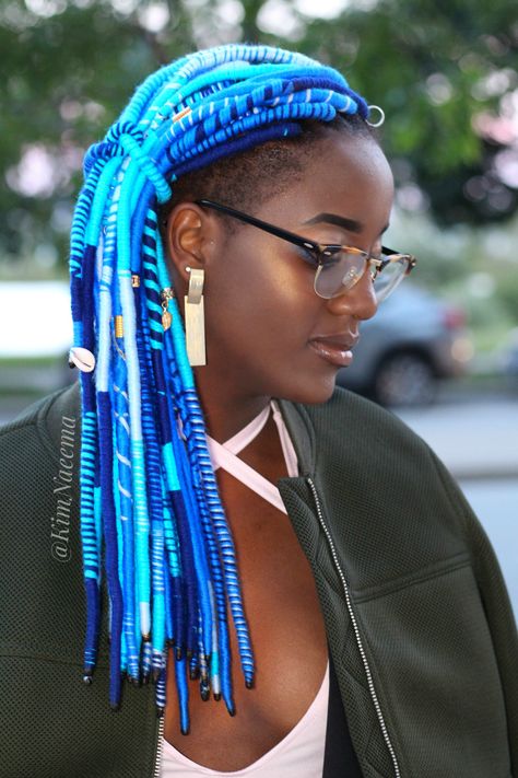 #yarnfauxlocs #bluefauxlocs #colorfullocs #taperedcutwithlocs Yarn Locs Hairstyles, Blue And Black Braids, Black Braids Hairstyles, Yarn Locs, Yarn Dreads, Blue Braids, Shaved Pixie Cut, Blue Dreads, Lock Accessories