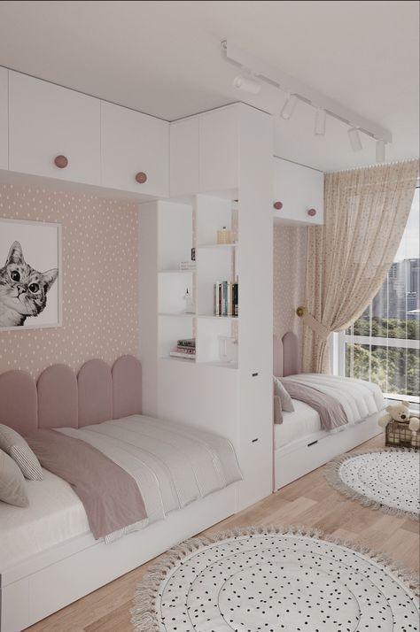 Soft white-pink room for girls Bedroom Ideas For 3 Sisters, Small Room Cozy, Sisters Bedroom Ideas, Small Room Girl, Small Girls Bedrooms, Sisters Room, Sister Bedroom, Narrow Bedroom, Sibling Room