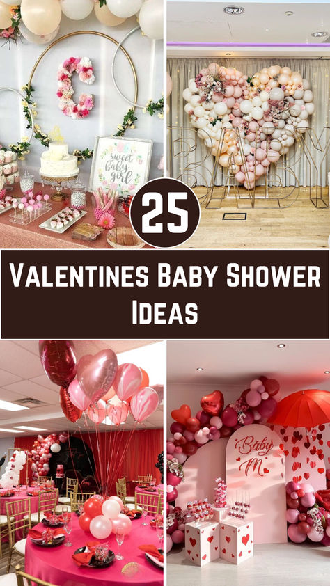 An adorable baby shower setup with Valentine’s Day-themed decorations: heart-shaped balloons, a pink and red dessert table with cupcakes, and love-themed baby shower favors. Valentines Baby Shower Food Ideas, Girl Baby Shower Themes For February, Valentines Baby Shower Ideas Girl, Valentines Baby Shower Centerpieces, Pink Girly Baby Shower Ideas, Girl Baby Shower Themes February, Sweetheart Theme Baby Shower Ideas, A Little Sweetheart Is On The Way Baby Shower Ideas, Valentine's Day Baby Shower Theme