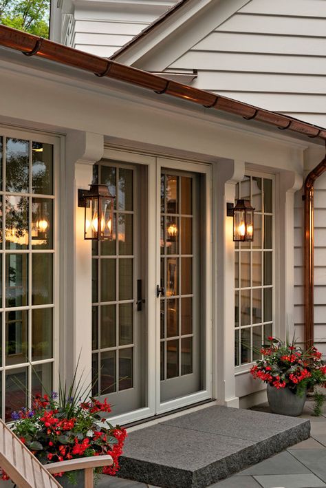 French Doors Exterior, Transitional Decor Living Room, Sunroom Designs, Transitional Decor Kitchen, French Doors Patio, Wood Accent, Front Entrance, Traditional Living, Porch Design