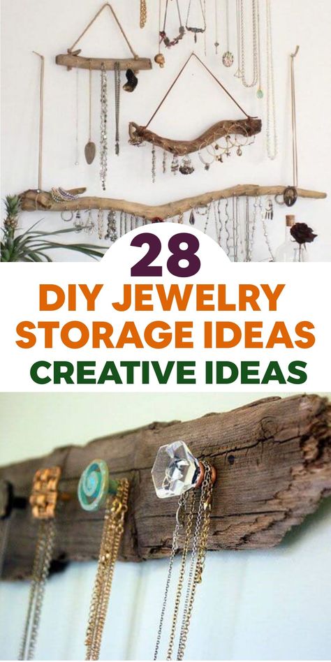 Discover elegant ways to keep your jewelry organized and stylish with these creative DIY storage ideas. Transform a vintage frame into a beautiful hanging jewelry holder by adding decorative hooks for a chic display. Upcycle a small saucer or plate into a unique jewelry dish with paint and gold leaf accents for a glamorous touch. Repurpose a wooden hanger into a personalized organizer by atta...#The #Exploring #Jewelry #Jewelry #Art #World #of #the #Tidiness #Organizers #Organizers #of #World Ways To Hang Jewelry, Driftwood Jewelry Hanger, Diy For Jewelry Holders, Dyi Jewelry Storage, Creative Ways To Display Earrings For Sale, Ways To Hang Necklaces, Wooden Jewelry Stand Diy, Driftwood Earring Holder, Necklace Storage Ideas Diy