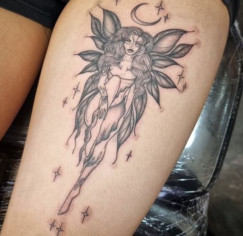 Earthy Fairy Tattoo, Forearm Fairy Tattoo, Large Fairy Tattoo, Bad Fairy Tattoo, Fae Tattoo Women, Witchy Fairy Tattoo, Curly Hair Fairy Tattoo, Fairy Arm Sleeve Tattoo, Fairy Lady Tattoo