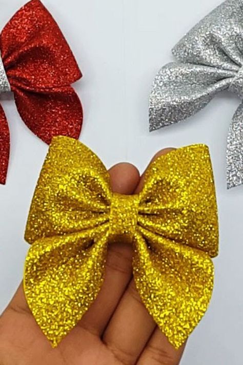 Glitter Fabric Ideas, Foam Glitter Crafts, Foam Bows Diy, Bow Making Tutorial Step By Step Ribbons, Glitter Paper Crafts Diy, Glitter Sheets Crafts Ideas, Glitter Foam Crafts, Bow Making Tutorial Step By Step, Glitter Foam Christmas Ornaments