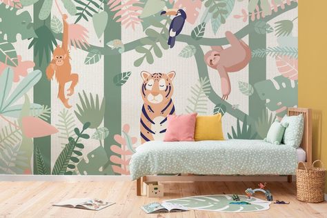 Kids Wallpaper & Childrens Wall Murals | Murals Wallpaper Jungle Wall Mural, Kindergarten Wallpaper, Jungle Scene, Cartoon Tiger, Animal Mural, Jungle Wallpaper, Friends Wallpaper, Kids Room Wallpaper, Forest Wallpaper