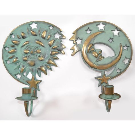 For celestial sun and moon decor Lovers this Set of Brass Candle Sconces. Made in the 1994 by Partylite in Verdigris Gold-Green vintage patina look.  Sun measures: 10.5 inches Height x 7.5 inches width, Projection of the wall is 4 inches. Moon measures: 11 inches Height x 7.5 inches width, Projection of the wall is 4 inches. Makers Mark on the reverse, Dated 1994, made in Taiwan. In good vintage condition, minor wear due to History.  L-517-331 Pretty Lamps, Celestial Bedroom, Celestial Room, Wall Mounted Candle Holders, Mixing Metals, Wall Candle, Moon Candle, Iconic 90s, Amazon Decor