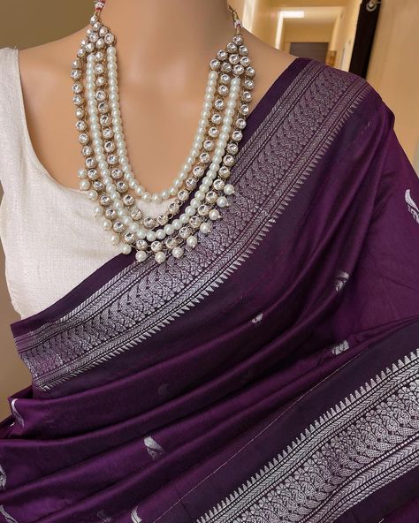 Www.thejacouture.in > cotton silk sarees silver border. > Dark wine cotton silk saree with silver Border. . Saree Description: Dark wine cotton silk saree with silver zari border and butta all over. Comes with running blouse. Saree height: 46 inches. Saree length: 5.5 meters. Blouse : 80cm Care: Normal wash. priced: 1450/- INR Delivery time Duration: * Domestic in 4 to 6 working days. * International in 10 to 15 days Courier partner: Delhivery and Dtdc. . . For for details and query d... Jewellery For Silver Zari Saree, Silver Border Saree Blouse Designs, Grape Colour Saree, Grape Wine Saree, Silk Saree Look Modern, Ethnic Day Saree, Silver Saree Look, Wine Saree Look, Dark Saree