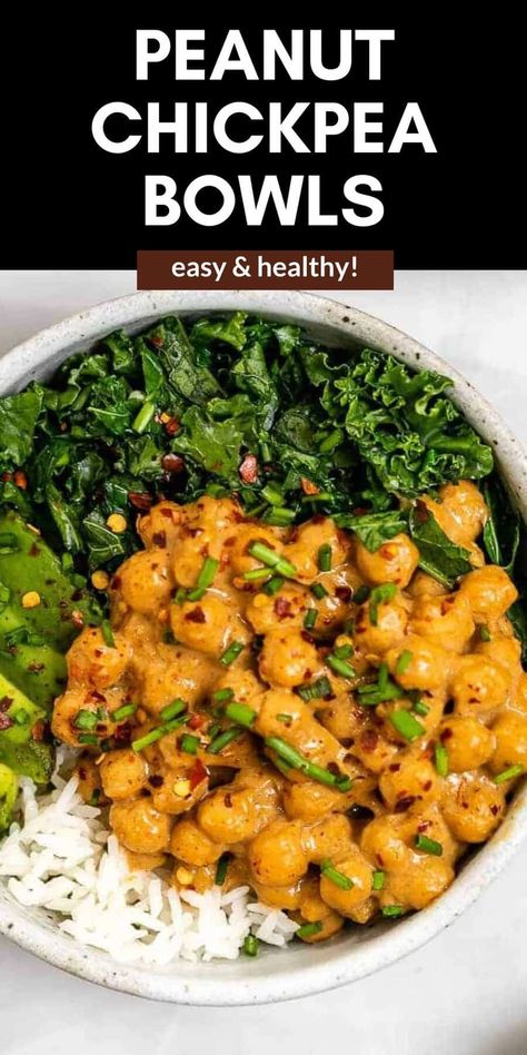 These peanut chickpea veggie bowls are easy to make, high in vegan and plant based protein and are the perfect 20 minutes dinner recipe. Perfect for a meal prep bowl! Peanut Chickpea Bowl, Chickpea Bowl Vegan, Easy Vegan Supper Ideas, Veggie Rich Meals, Easy Protein Vegetarian Meals, Healthy Bean Recipes High Protein, High Protein Chickpea Recipes, Lunch Meal Prep Vegetarian, Easy Meal Prep Vegetarian