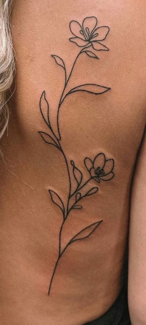 Plumbago Flower Tattoo, Simple Large Tattoos, Simple Tattoos Hip, Random Cute Tattoos, Vertical Flower Tattoo, How Tattoo, Long Tattoos For Women, Collar Bone Tats, Flower Tattoos On Side