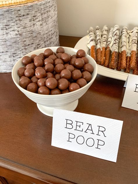 Bear Poop Dessert Teddy Bear Themed Food Ideas, Bear Theme Party Decoration, Brown Party Theme Aesthetic, Bear Gender Reveal Food, Bearly Wait Food Ideas, Bear First Birthday Party Food, Bear Themed Drinks, We Can Barely Wait Dessert Table, Teddy Bear Picnic Birthday Party Food