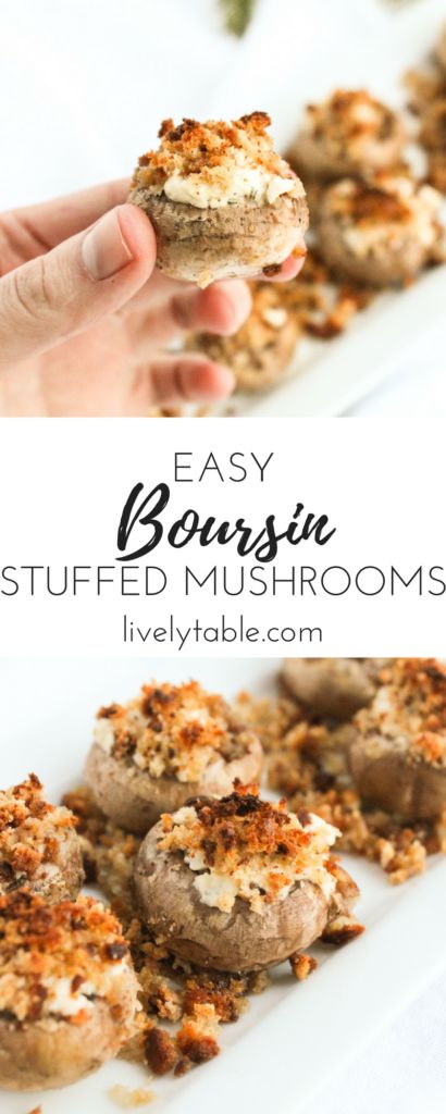 Boursin Stuffed Mushrooms are incredibly easy and delicious appetizers perfect for any party. With only 3 ingredients, they look and taste much more elegant than they actually are! Perfect for holidays, parties and New Years! (vegetarian) | via livelytable.com Boursin Stuffed Mushrooms, Healthy Appetizers Easy, Delicious Appetizers, Vegetarian Appetizers, Holiday Appetizers, Christmas Appetizers, Healthy Appetizers, Best Appetizers, Yummy Appetizers