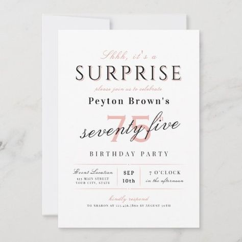 $2.98 | Blush elegant modern classy surprise 75th birthday #adult birthday invitations, personalized birthday party invitations, any age surprise party invitations, elegant stylish classic script, simple modern classy typography, art deco vintage calligraphy, retro minimalist chic clean, shhh its a surprise, 75th birthday party, sophisticated cute pretty blush pink Shhh Its A Surprise, 75th Birthday Invitations, Surprise 30th Birthday, Vintage Calligraphy, Surprise 50th, 90th Birthday Invitations, Surprise Party Invitations, Surprise Birthday Invitations, 70th Birthday Invitations