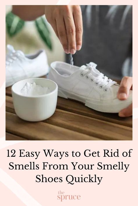 Freshen up your shoes with these quick and effective home remedies. Learn how to prevent smelly feet and stinky shoes from occurring in the first place. #hacks #cleanhouse #cleaningguide #cleaninghacks #cleaningtips  #stepbystepcleaning #thespruce Stinky Shoes Remedy Diy, How To Get Your Shoes To Stop Smelling, How To Remove Odor From Shoes, Clean Stinky Shoes, Remove Smell From Shoes, How To Make Your Shoes Not Stink, How To Remove Smell From Shoes, How To Clean Smelly Shoes, How To Clean Stinky Shoes