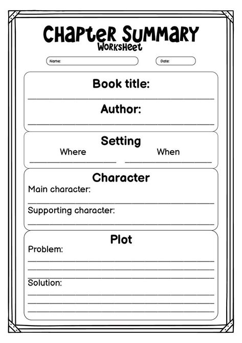 This worksheet will help you effectively summarize each chapter by focusing on key points and main ideas. Use it to improve your comprehension and retention of the material as you progress through the book. Take your chapter summaries to the next level with this helpful tool. #ChapterSummary #LiteraryAnalysis #BookReview #writingchaptersummary Book Summary Ideas, Chapter Summary Template, Summary Worksheet, Summary Graphic Organizer, Story Elements Worksheet, Improve Writing Skills, Middle School Books, Improve Reading Comprehension, Book Review Template