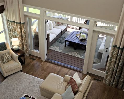 Traditional Family Room Two Story Family Room Design, Pictures, Remodel, Decor and Ideas Living Room Patio Doors, Florida Lanai, Traditional Family Rooms, Foyer Room, French Doors With Screens, Coastal Cabin, Screened Porches, Traditional Family Room, Four Seasons Room