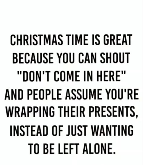 Christmas is great because you can shout, "Don't come in here!" and people assume you're wrapping their presents instead of just wanting to be left alone. Christmas Funnies, Christmas Jokes, Christmas Memes, Holiday Humor, Laughter Is The Best Medicine, Just Funny, Made Me Laugh, Christmas Quotes, Funny Sayings