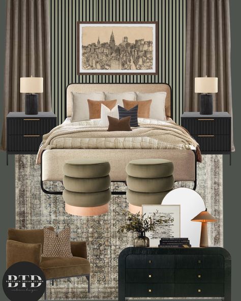 Moody Organic Modern Bedroom, Sophisticated Bedroom Women, Art Deco Interior Bedroom, Bedrooms Ideas For Couples, New York Bedroom, Bedroom Mood Board, Bedroom Moodboard, Moody Home Decor, Men's Bedroom