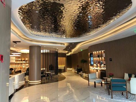 Water Wave stainless steel ceiling in Sales Office | Metal ceiling, Ceiling design, Ceiling Spa Ceiling, Lobby Ceiling Design, Lobby Luxury, Wave Ceiling, Rippled Water, Wave Hotel, Stainless Steel Ceiling, Futuristic Bedroom, Wood Plank Ceiling